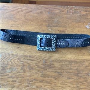 Black Leather Belt with Engraved Buckle